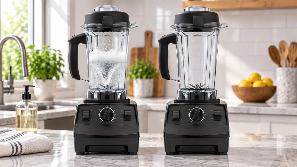 A Vitamix container half-filled with soapy water on its base, ready for the 30 to 60 second self-clean cycle.