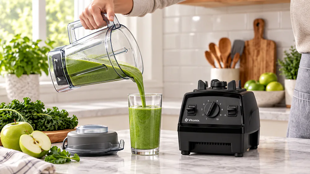 A finished grit-free green smoothie poured from the Vitamix E310 into a glass, with kale and green apple on the counter beside the blender.
