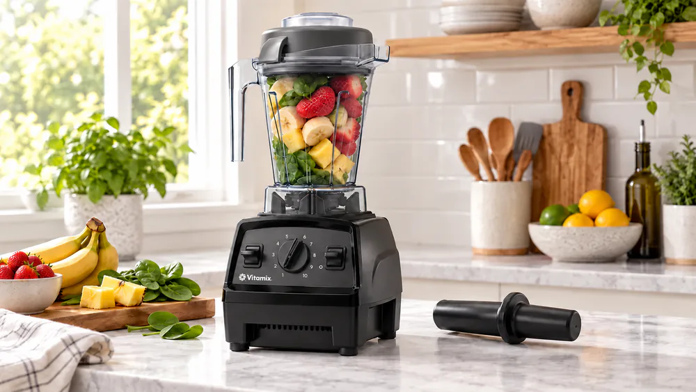 The Vitamix E310 Explorian motor base with the 48-ounce container seated on top, viewed on a kitchen counter next to the mini tamper.