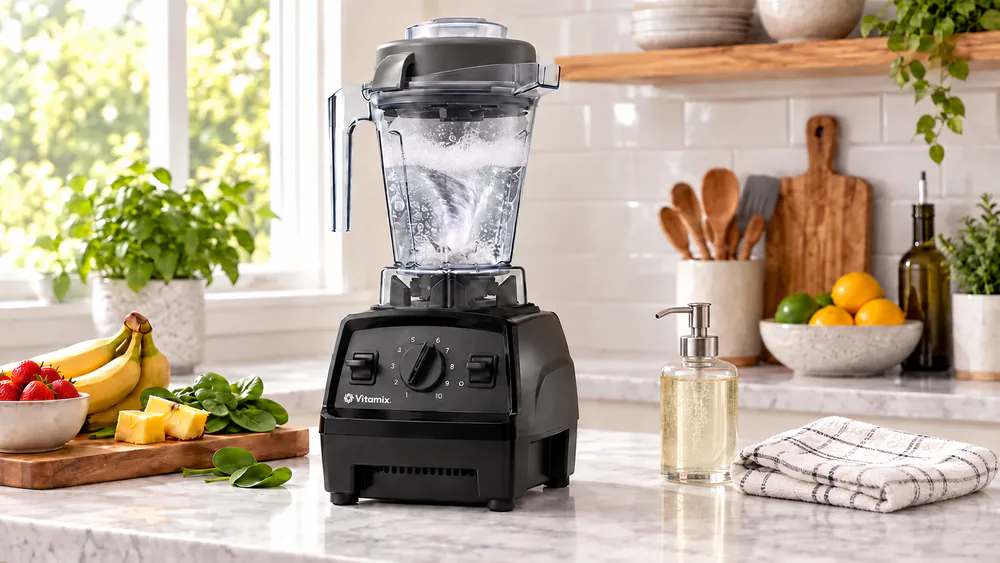 The Vitamix E310 running a self-cleaning cycle with soapy water swirling in the 48-ounce container on the motor base.