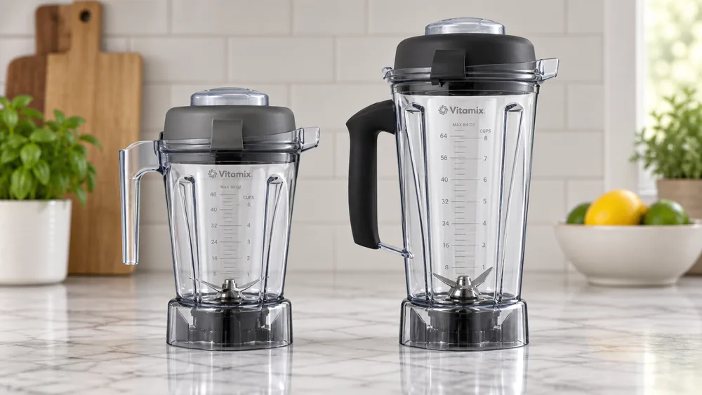 The 48-ounce E310 jar next to the taller 64-ounce 5200 jar on a counter.