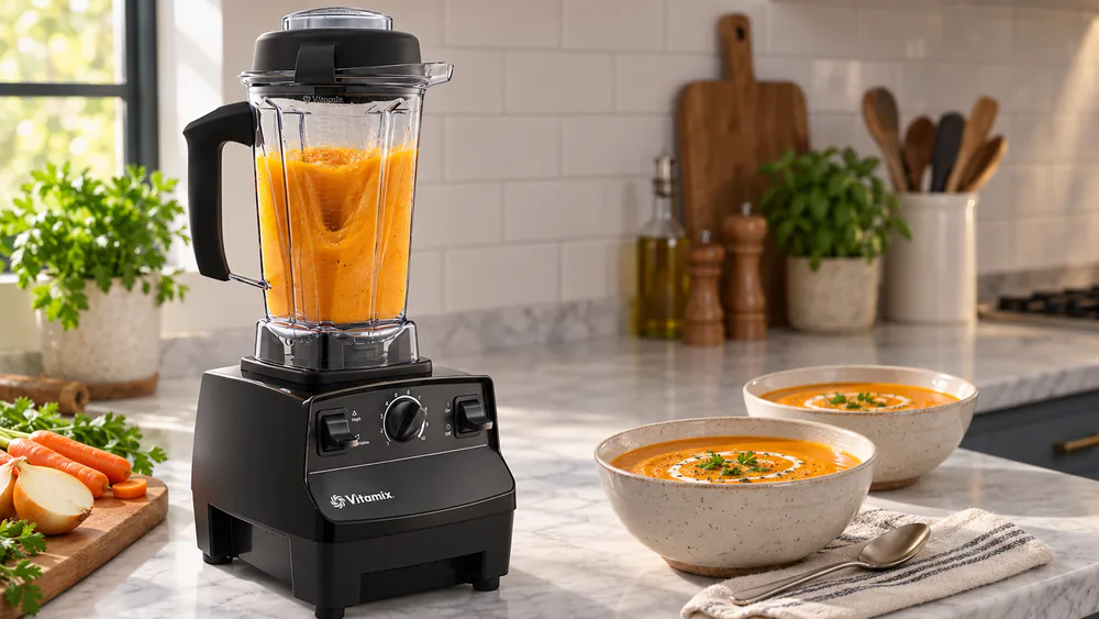 A Vitamix 5200 blending a batch of orange soup in its tall 64-ounce container on a kitchen counter.