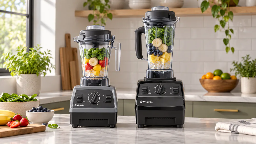 The shorter 18-inch Vitamix E310 next to the 20.5-inch Vitamix 5200 on a kitchen counter.