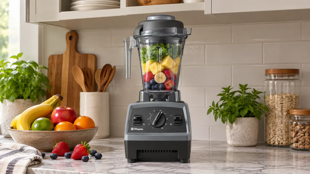 A Vitamix E310 blender under open upper cabinets, the jar top clearing the cabinet bottom with room to spare.