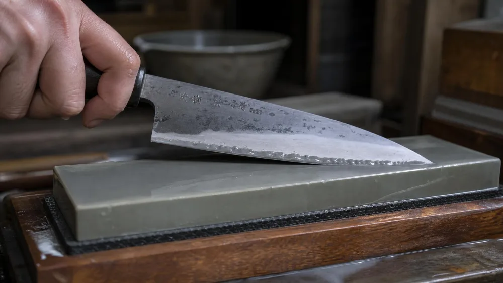 A hand holding a carbon-steel gyuto at a low angle on a soaked 1000-grit waterstone, grey slurry building along the bevel.