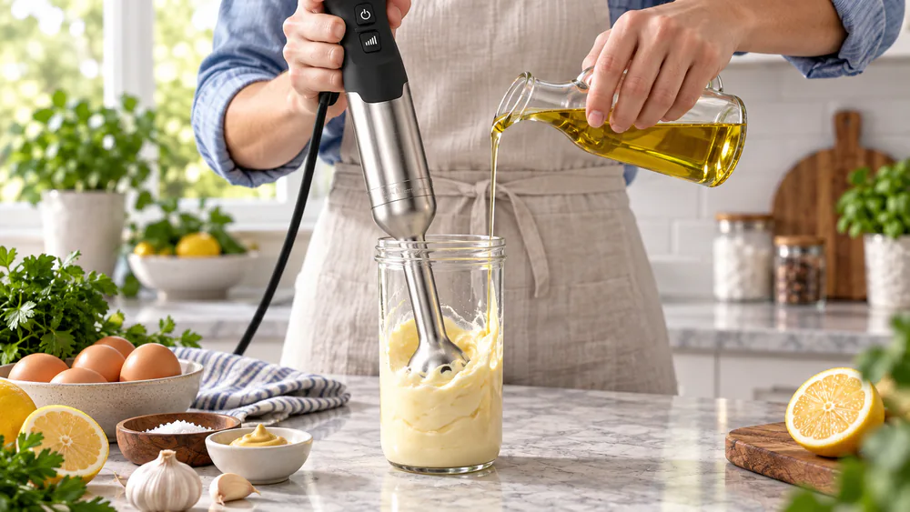 An immersion blender whisking mayonnaise in a tall jar, oil drizzling in as a thick pale emulsion forms around the blade bell.