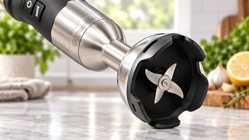 A stainless steel immersion blender blade bell close-up, the wattage rating visible on the motor housing above the shaft.