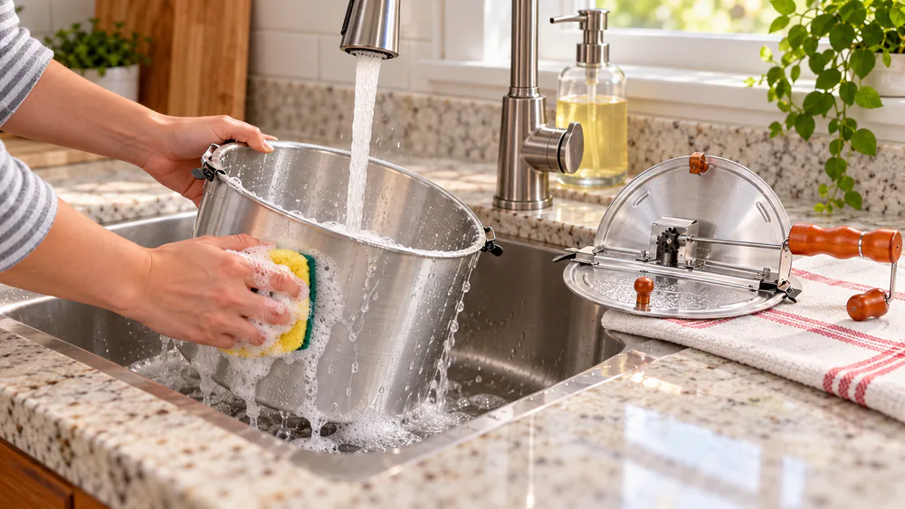 Hands washing a Whirley Pop aluminum pot under warm water with a sponge.