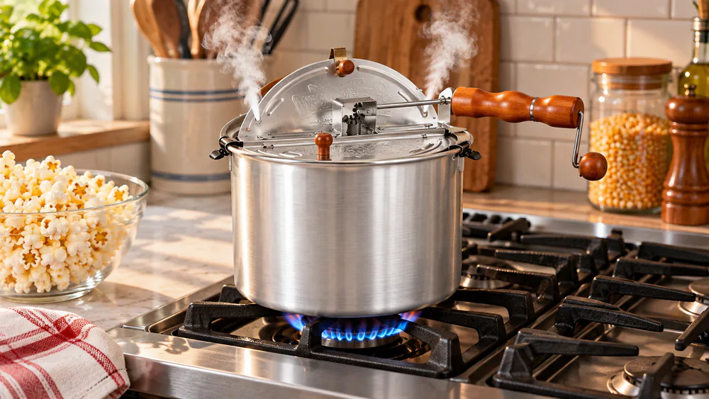 A Whirley Pop mid-pop on a stove burner, steam rising from the vents.
