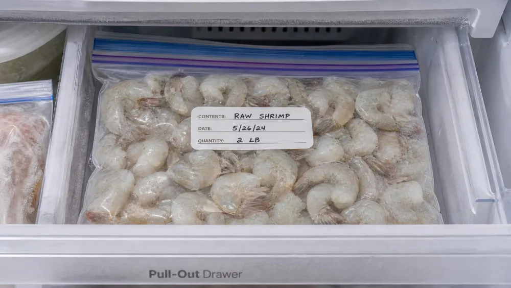 Raw shrimp sealed flat in a labeled airtight freezer bag, stored in a home freezer drawer.