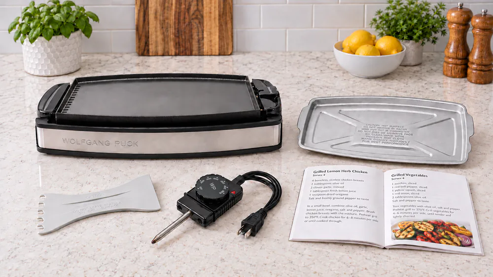 Wolfgang Puck reversible grill griddle laid out on a kitchen counter with its plate, drip tray, scraper, temperature probe and recipe booklet