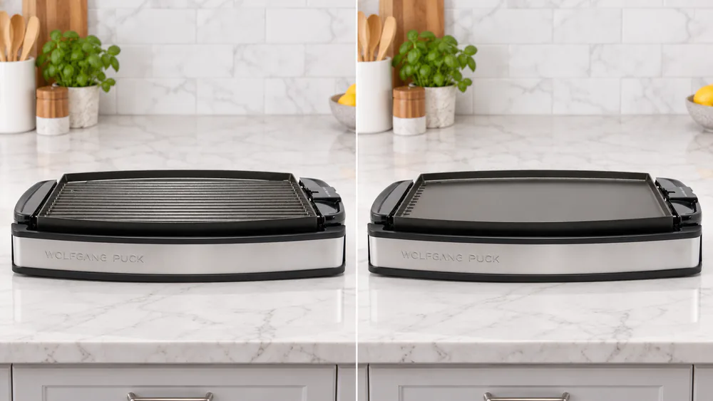 The ridged grill side and the flat griddle side of the Wolfgang Puck reversible plate shown side by side