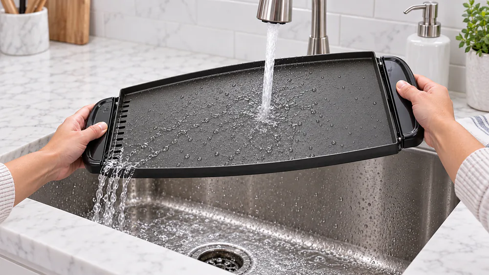 Removable Wolfgang Puck grill griddle plate being rinsed at a kitchen sink after cooking pancakes