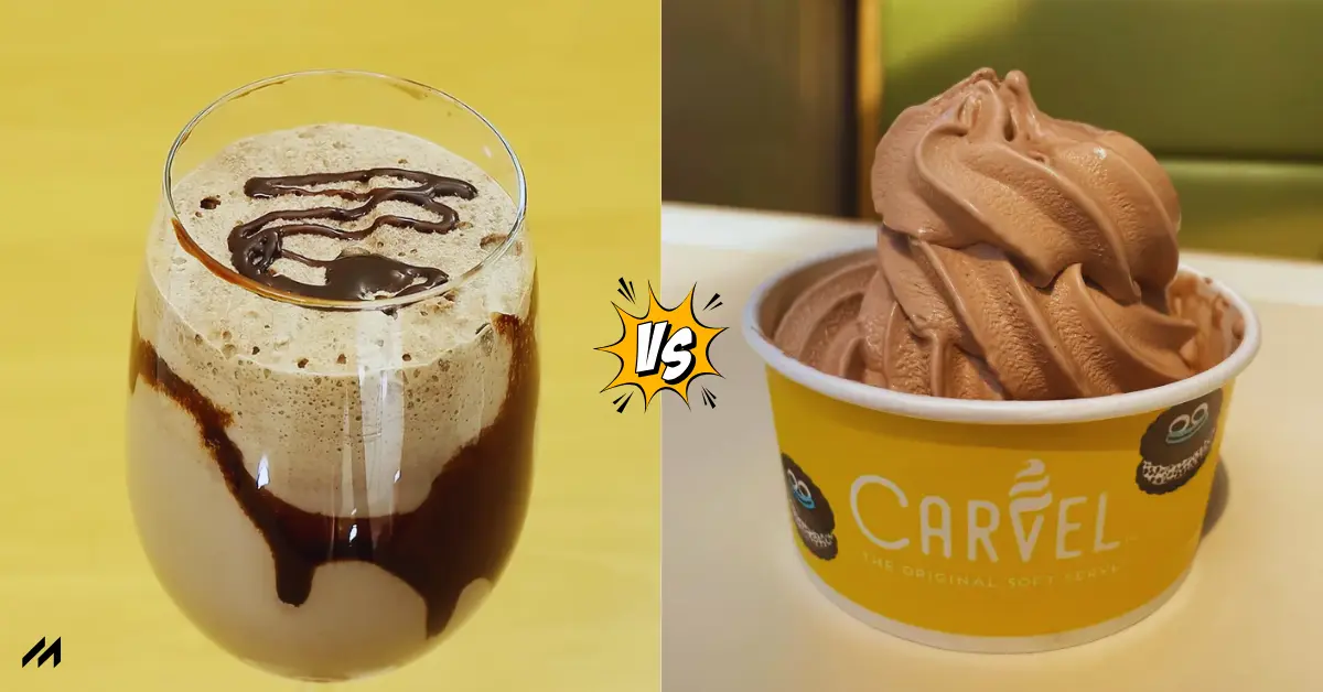 A frothy chocolate drink with syrup vs. a cup of creamy chocolate soft serve ice cream, showcasing a delicious dessert showdown.