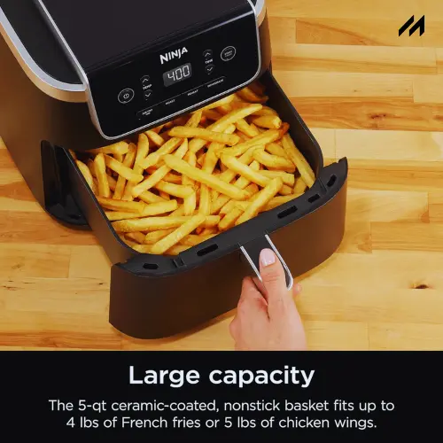 A hand pulls out a large, ceramic-coated air fryer basket filled with golden French fries, showcasing its 5-quart capacity.