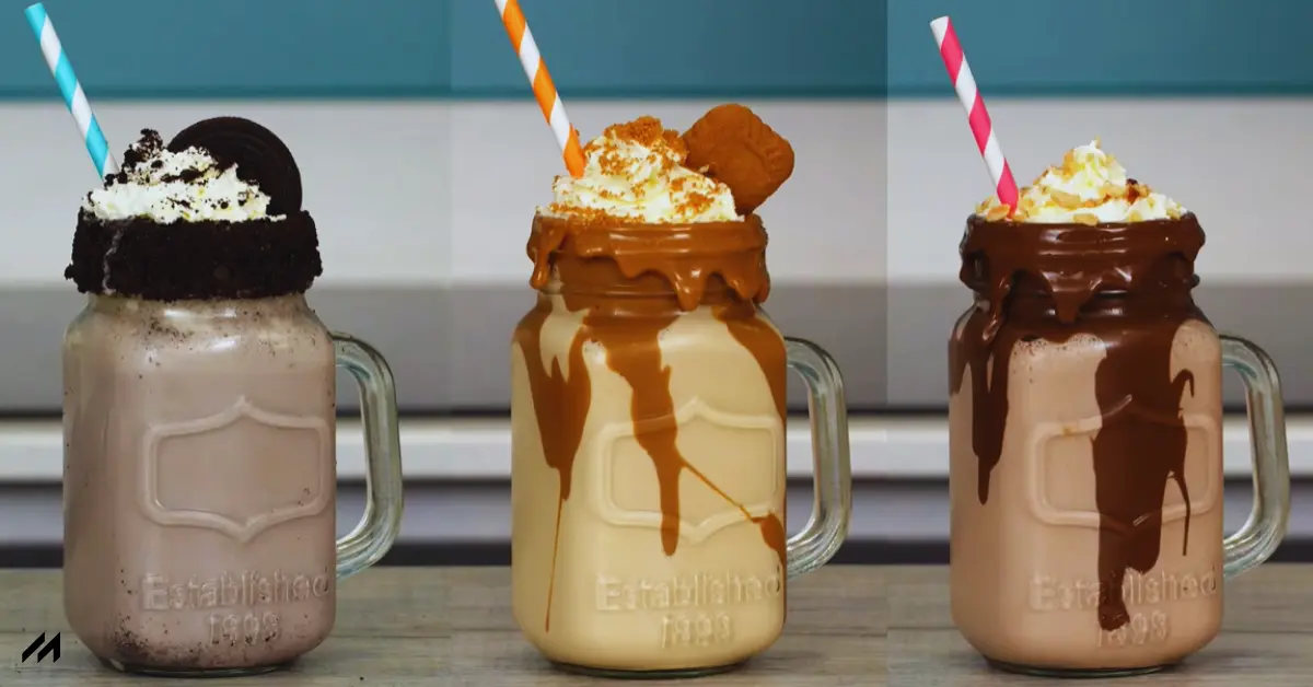 Three indulgent milkshakes in mason jars: chocolate with Oreos, caramel with whipped cream, and chocolate drizzled with more chocolate.