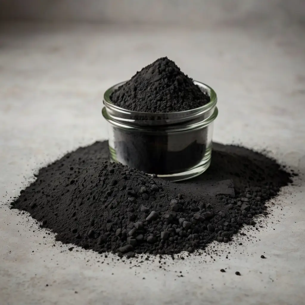 A glass jar filled with fine black powder sits atop a mound of loose black powder on a textured surface.