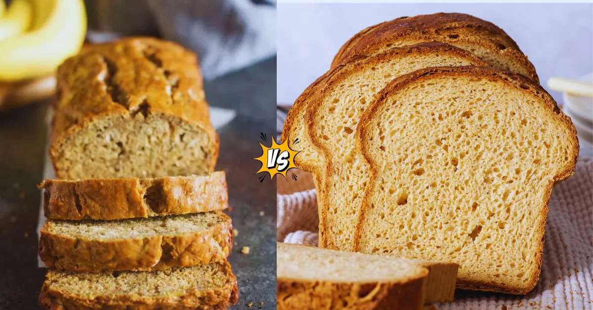 A comparison of banana bread and sliced sandwich bread, showcasing their textures and colors side by side.