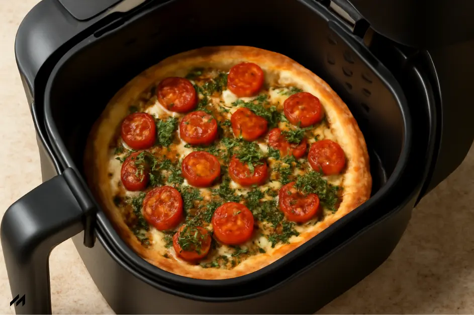 A freshly cooked pizza with sliced tomatoes and herbs sits inside a black air fryer basket, showcasing a golden crust.