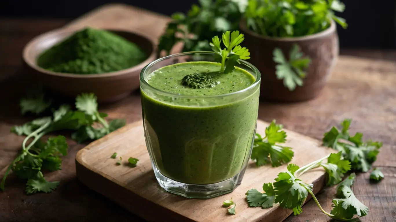 A refreshing green smoothie topped with cilantro, surrounded by fresh herbs and a bowl of green powder on a wooden surface.