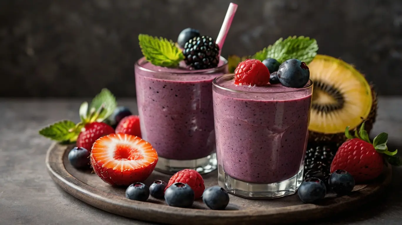 Two berry smoothies topped with fruits and mint, garnished with a straw, surrounded by fresh berries and kiwi on a wooden platter.