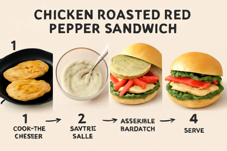 Step-by-step guide to making a Chicken Roasted Red Pepper Sandwich with visuals for cooking, assembling, and serving.