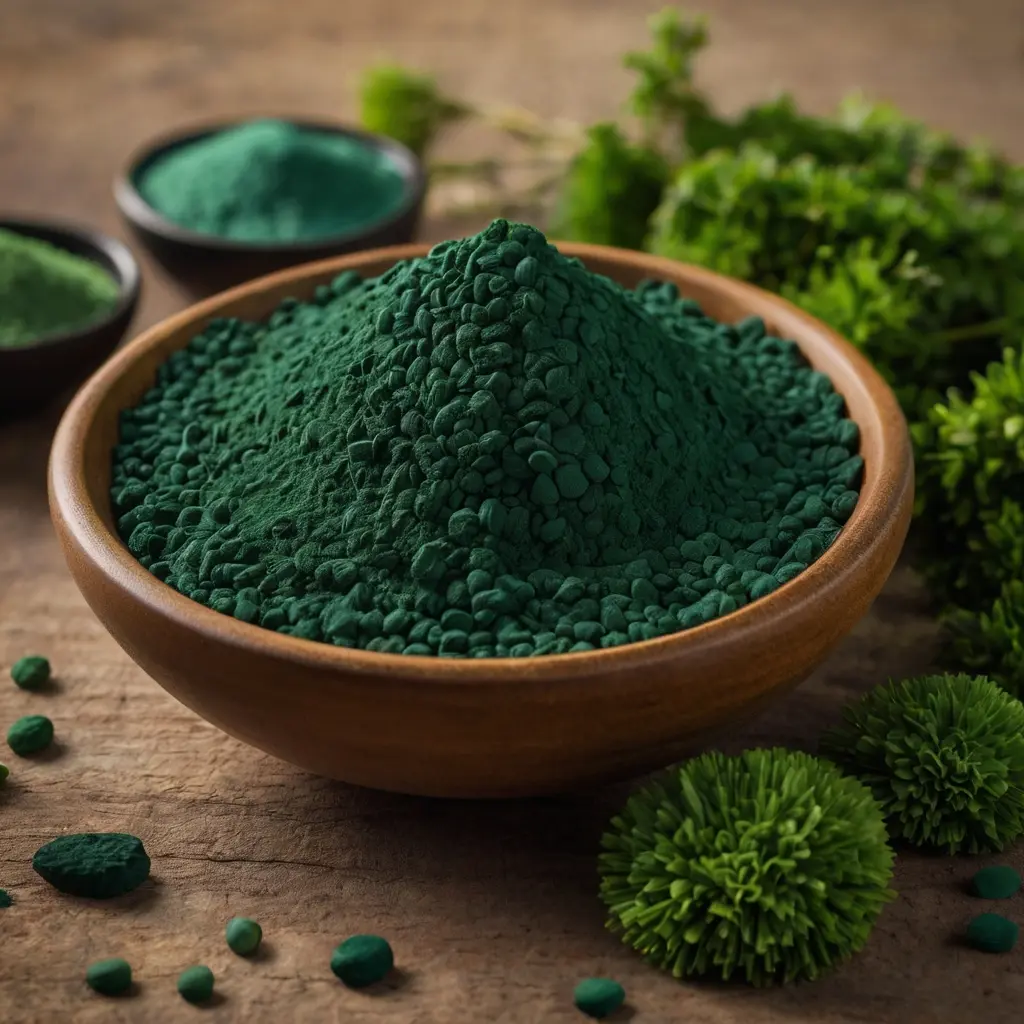 A wooden bowl filled with vibrant green Chlorella and Spirulina powder, surrounded by green plants and small bowls of different green powders.