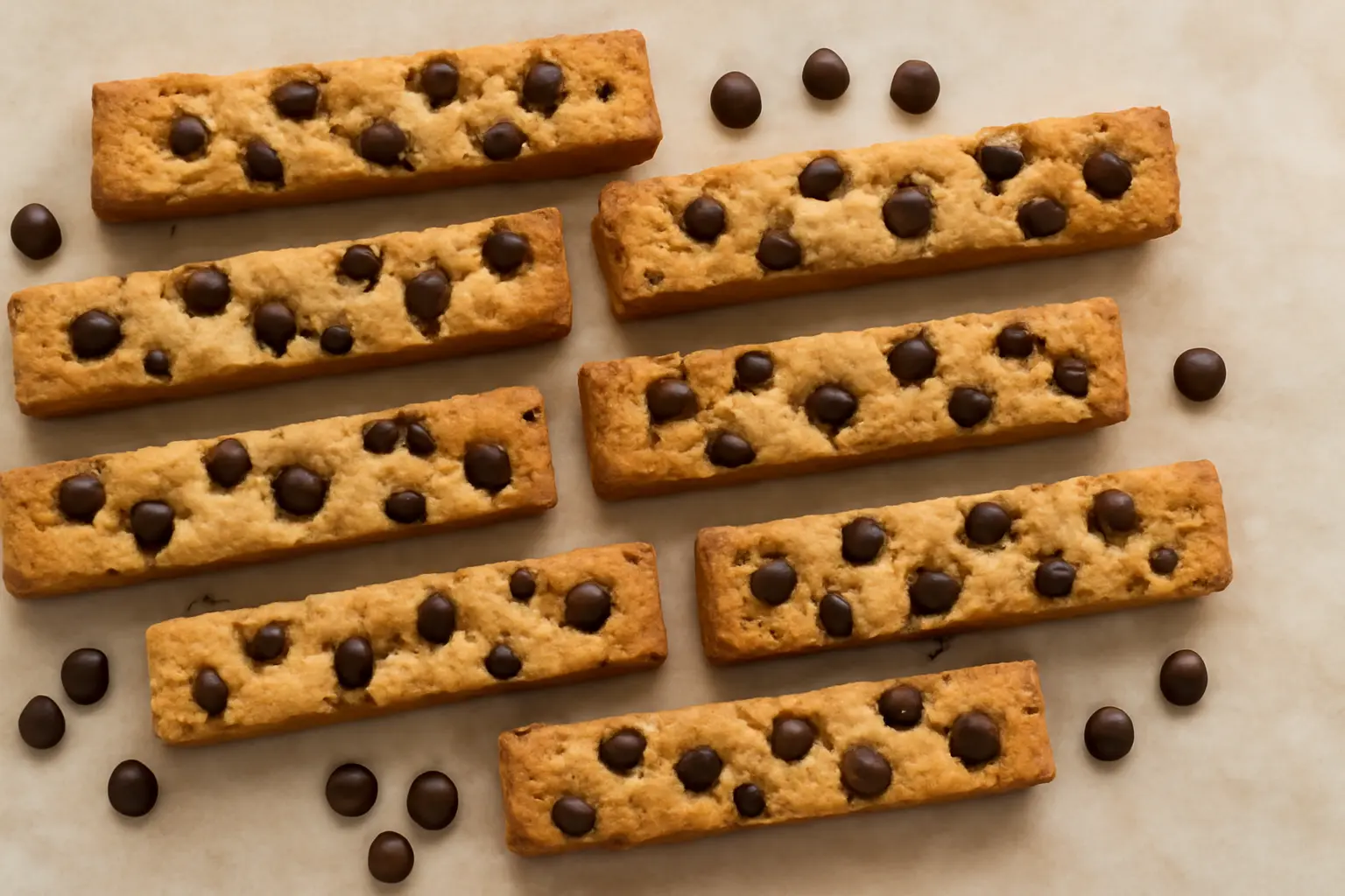 A close-up view of six golden-brown chocolate chip cookie sticks arranged in two rows on parchment paper. Each rectangular cookie is topped with glossy dark chocolate chips, some embedded in the dough and others resting on top. 