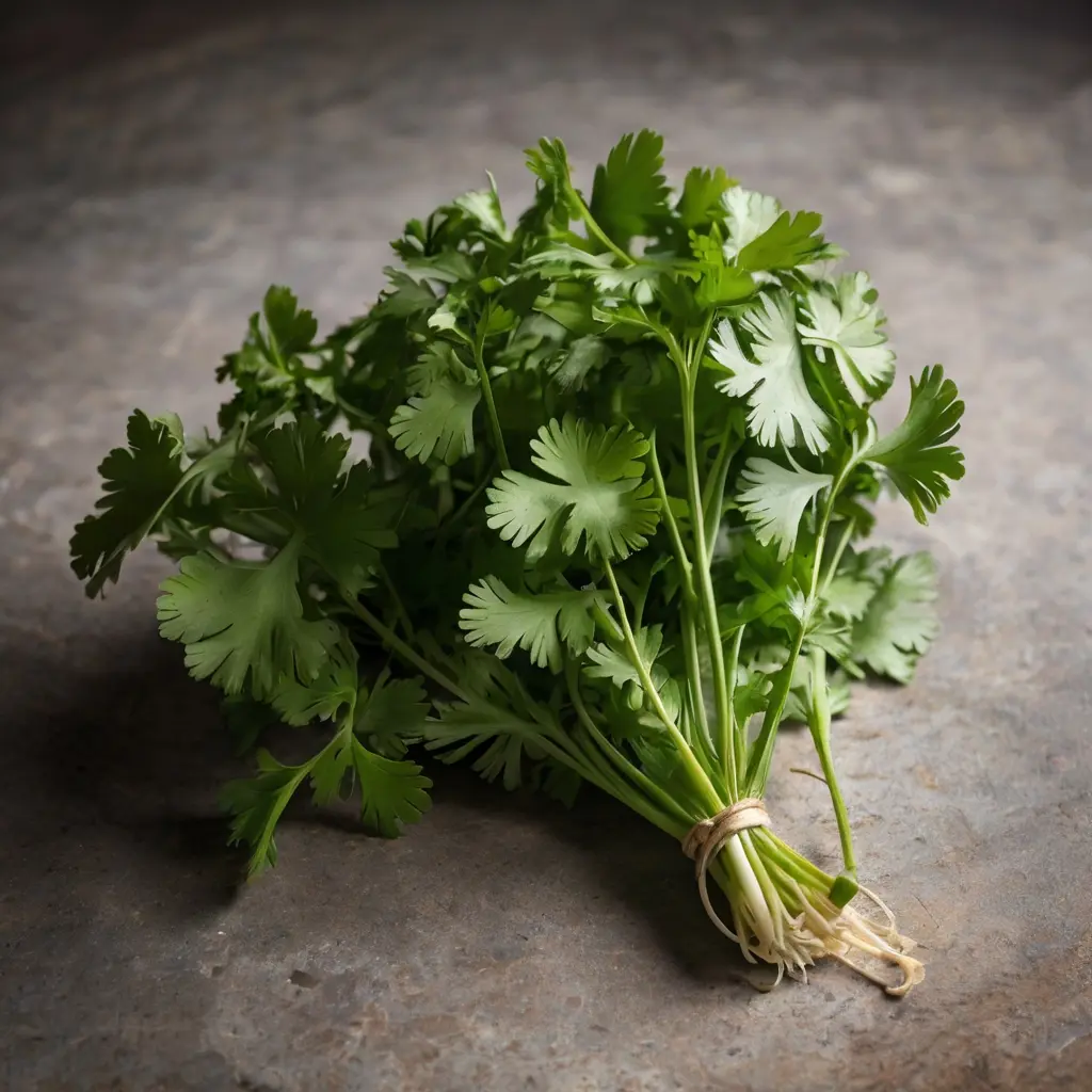 A fresh bunch of cilantro tied with twine, showcasing vibrant green leaves against a textured stone surface.