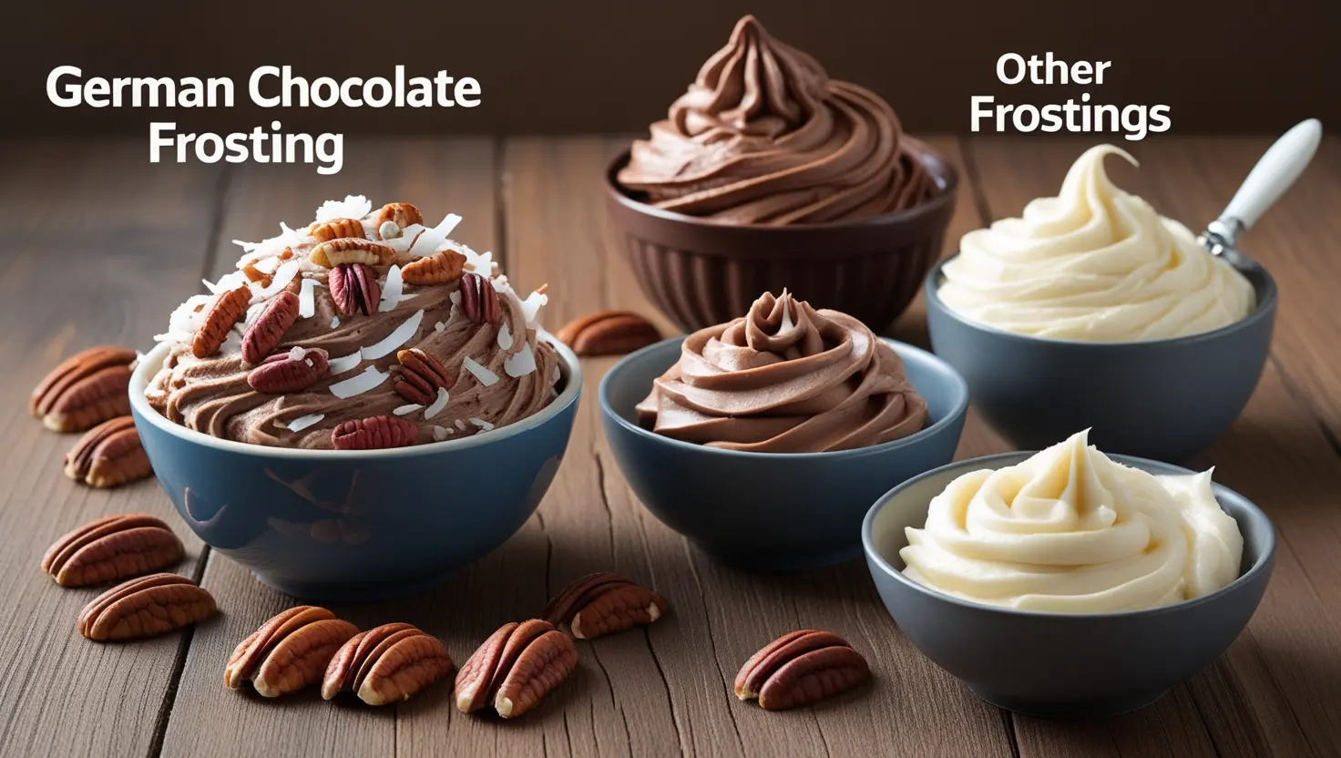 A variety of frosting bowls featuring German chocolate frosting topped with pecans and coconut alongside other frosting options.