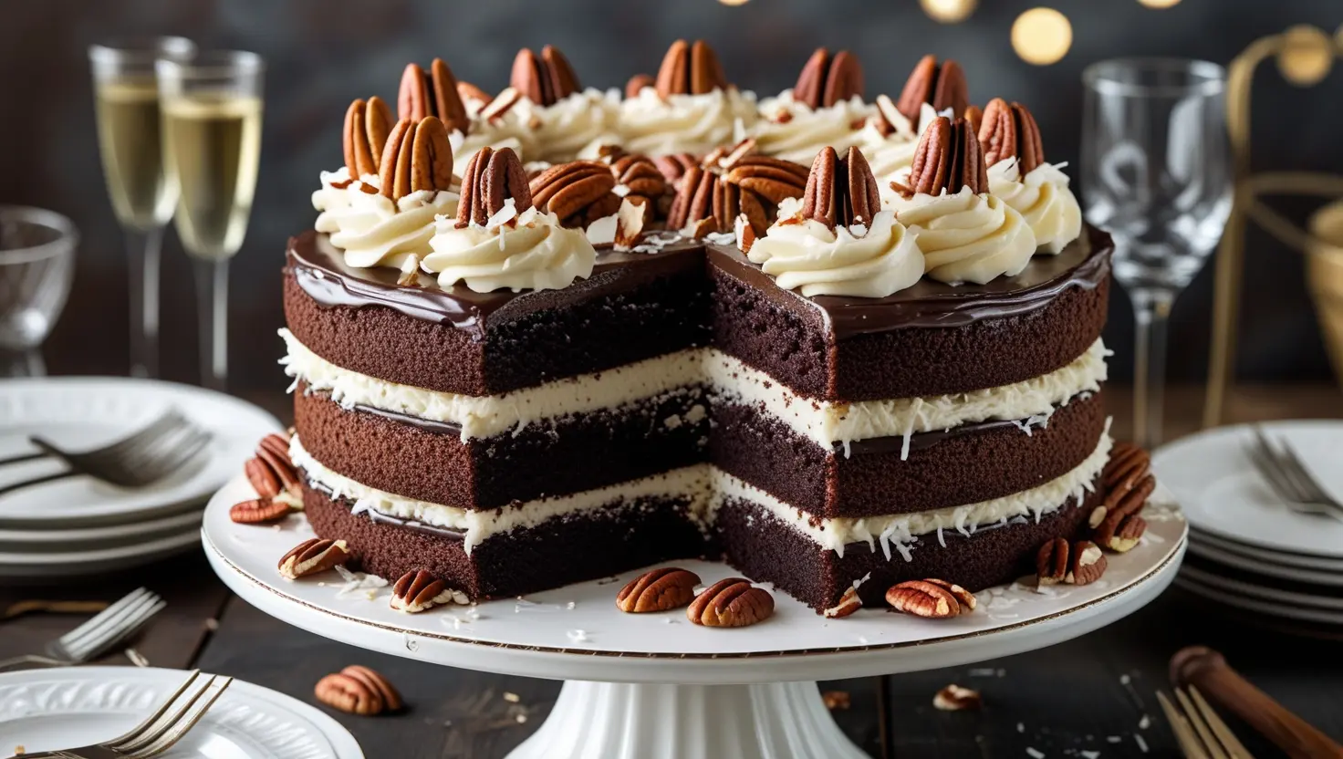 Decadent four-layer German chocolate cake with rich chocolate sponge, creamy coconut-pecan frosting, dark chocolate ganache, and whipped topping, garnished with whole pecans, served on a white cake stand.