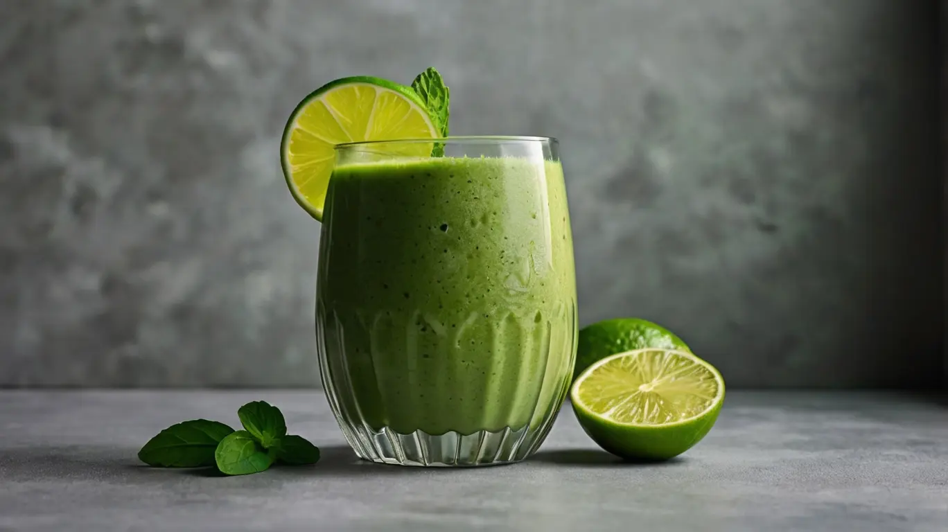 A refreshing green smoothie garnished with a lime slice and mint leaves, beside halved limes on a gray background.