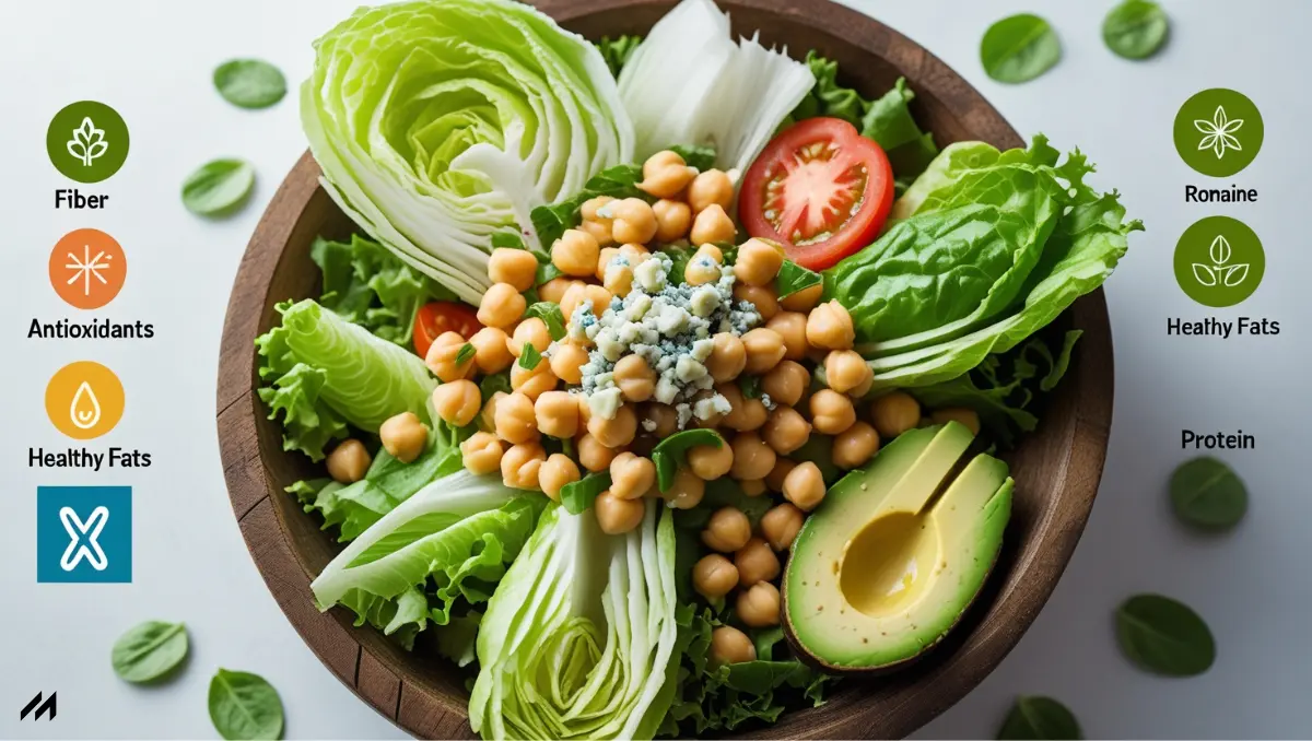 Health Benefits of Wolfgang’s Beverly Hills Chopped Salad A vibrant salad with romaine, chickpeas, avocado, tomatoes, and blue cheese, highlighting fiber, antioxidants, and healthy fats.
