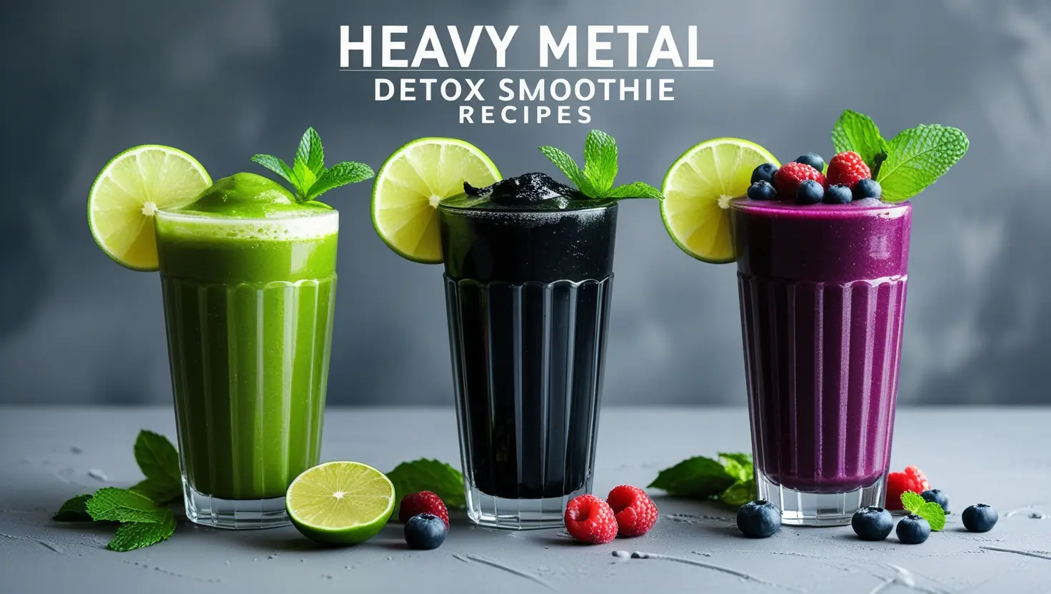 Three colorful detox smoothies in tall glasses: green, black, and purple, garnished with mint and lime. Text above reads "Heavy Metal Detox Smoothie Recipes."