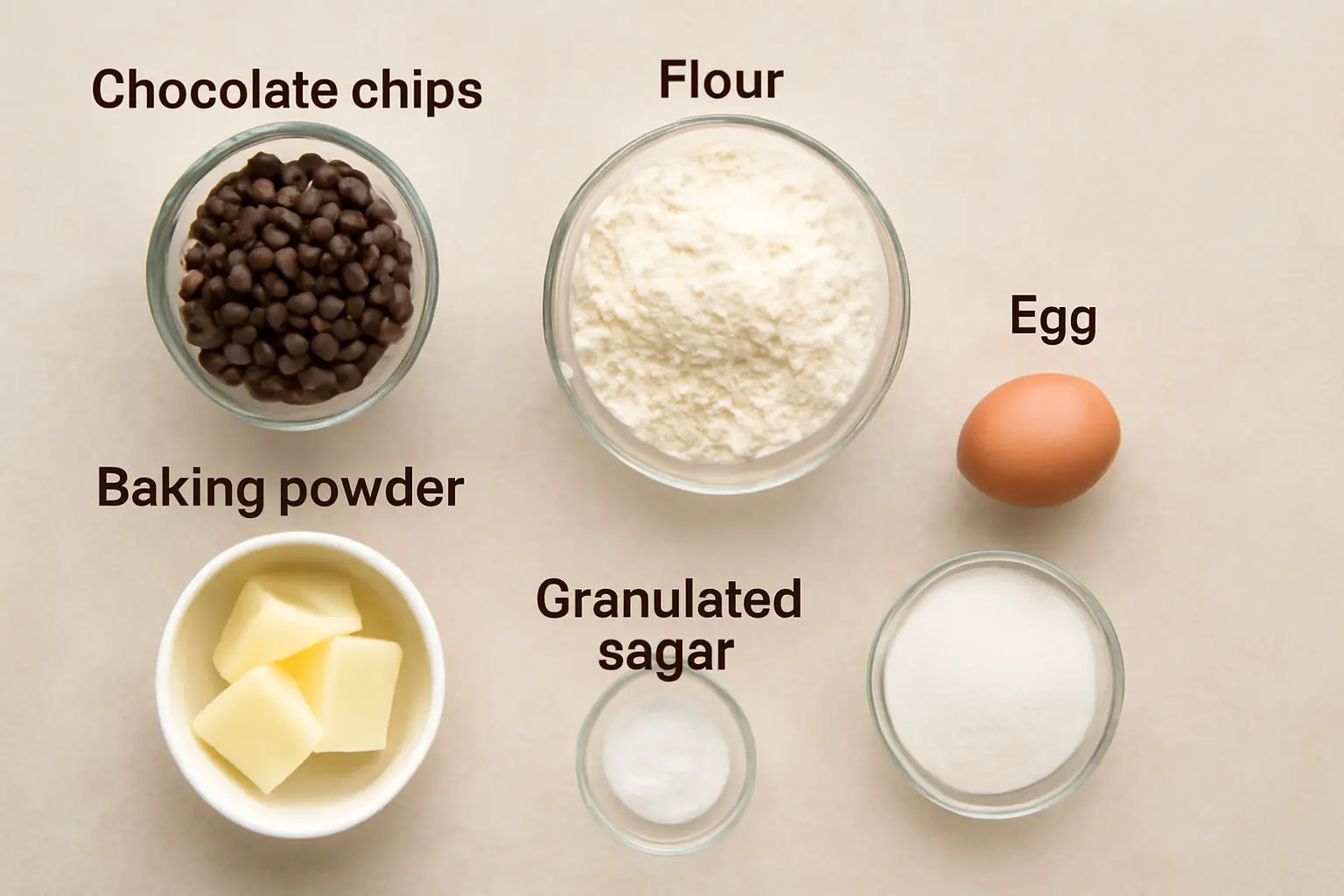 Five key baking ingredients for chocolate chip sticks arranged in glass bowls: chocolate chips, flour, baking powder, butter, granulated sugar, and an egg.