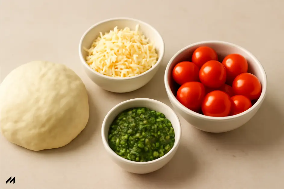 Ingredients for pizza preparation: a ball of dough, shredded cheese, cherry tomatoes, and a bowl of green pesto sauce.