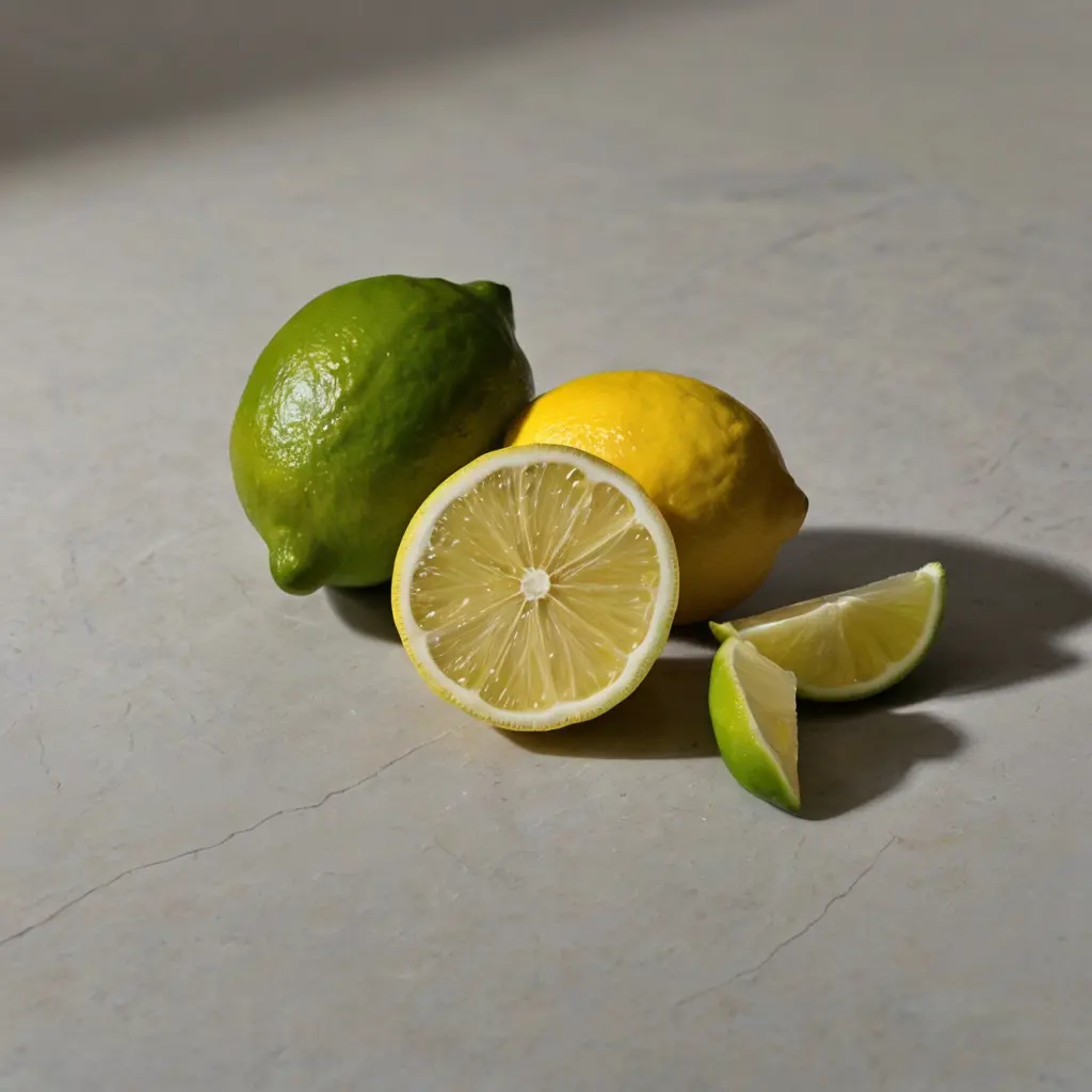 A green lime, a yellow lemon, and a sliced lemon and lime resting on a soft, light-colored surface.