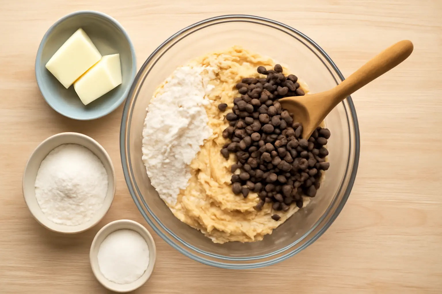 A close-up of cookie dough preparation for chocolate chip sticks, featuring a glass bowl with dough mixed with chocolate chips, surrounded by small bowls of ingredients like butter, sugar, and flour on a wooden surface.