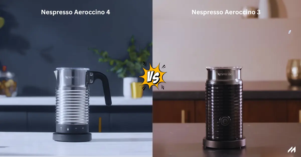 Side-by-side comparison of Nespresso Aeroccino 4 (left) and Aeroccino 3 (right) with a “VS” graphic in the center.