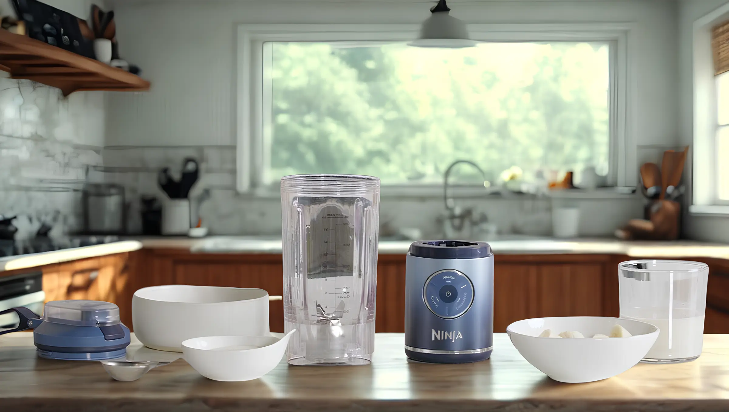 Ninja Blast 22oz Max Portable Blender A sleek Ninja blender and various kitchen utensils sit on a wooden countertop, with sunlight filtering through a window in the background.