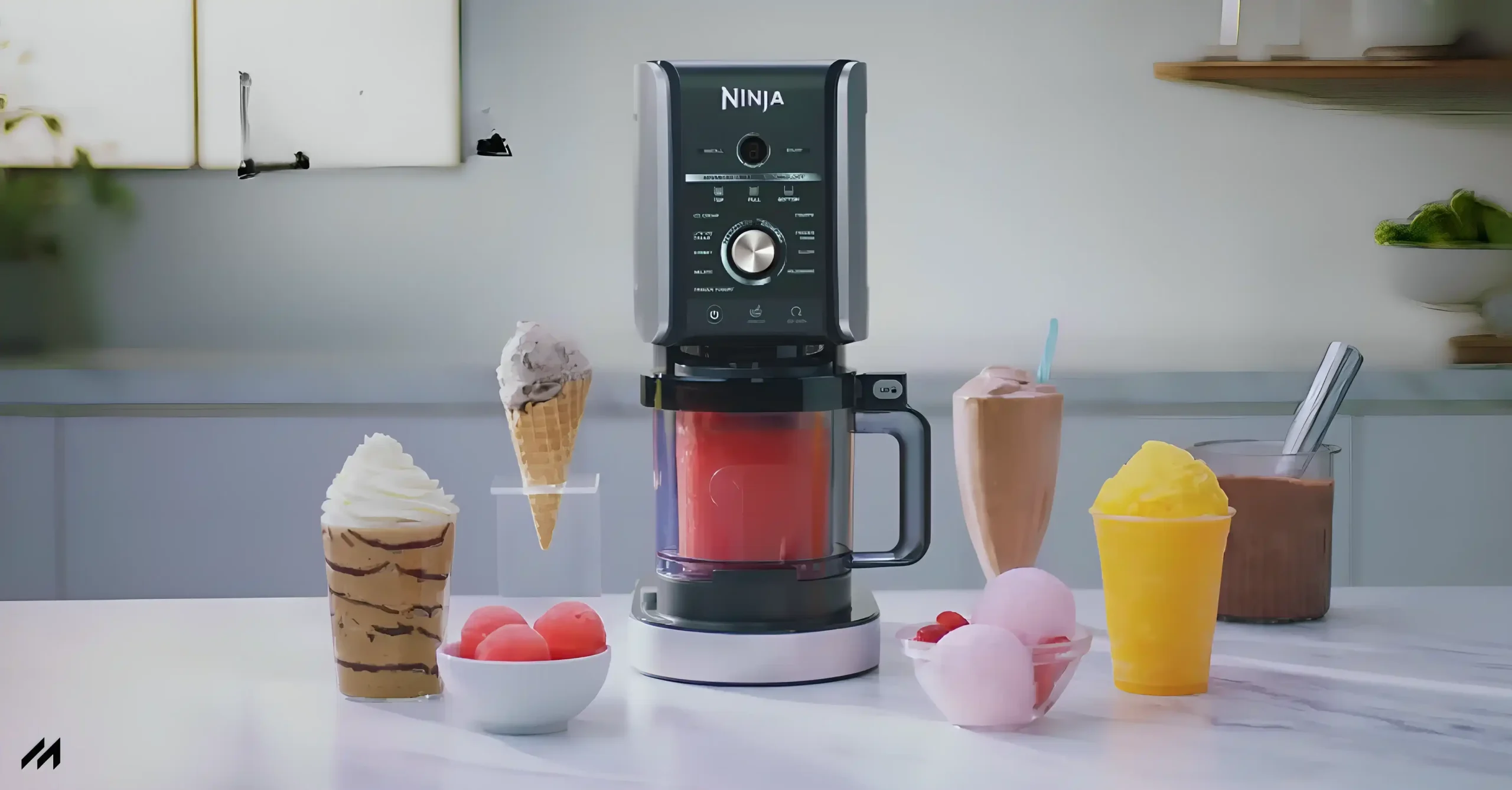 A Ninja Creami Deluxe machine surrounded by various frozen treats, including ice cream cones, scoops of gelato, and slushes.