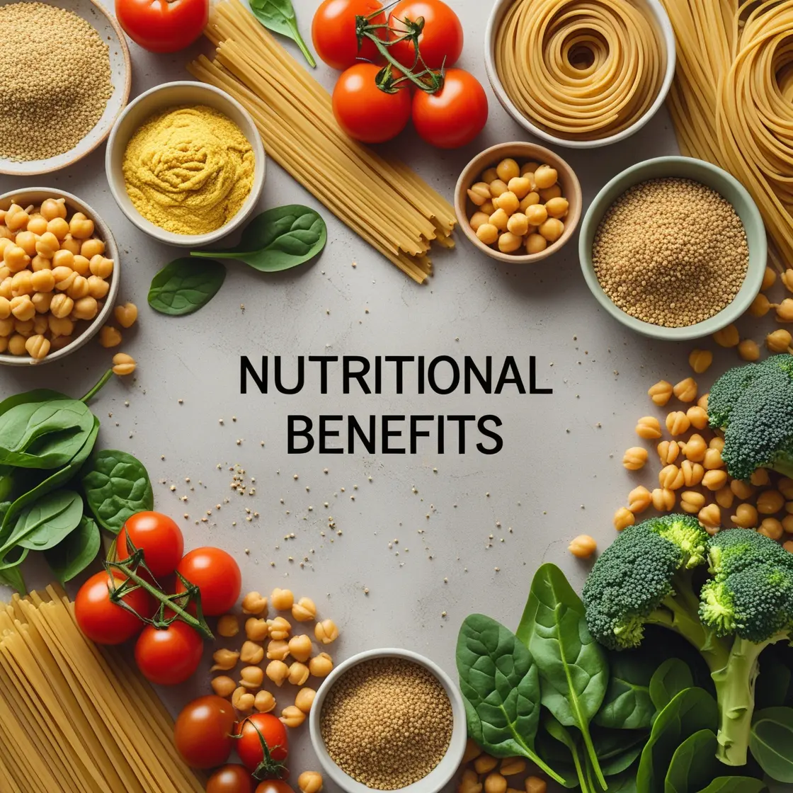 Nutritional Benefits of Whole Wheat Pasta Colorful assortment of healthy foods including tomatoes, pasta, chickpeas, broccoli, and spinach, with "NUTRITIONAL BENEFITS" text.