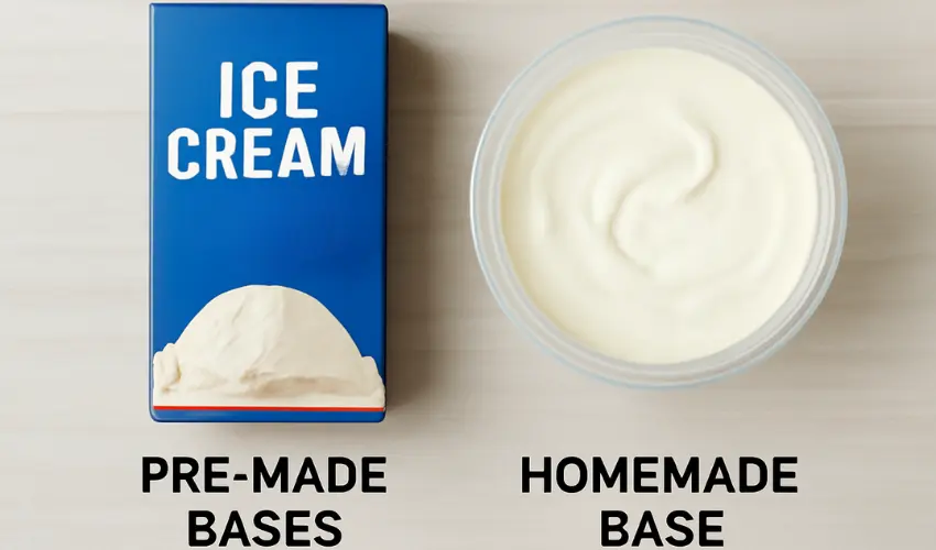 A box of ice cream pre-made base next to a bowl of creamy homemade base, labeled clearly.