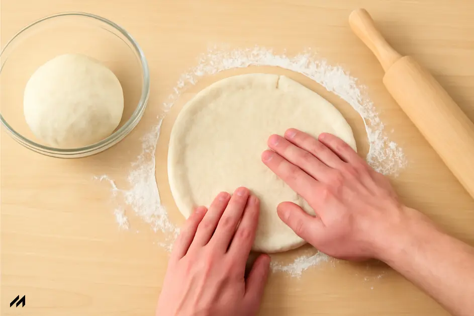 Hands pressing and shaping dough on a floured wooden surface, with a bowl of dough and a rolling pin nearby.