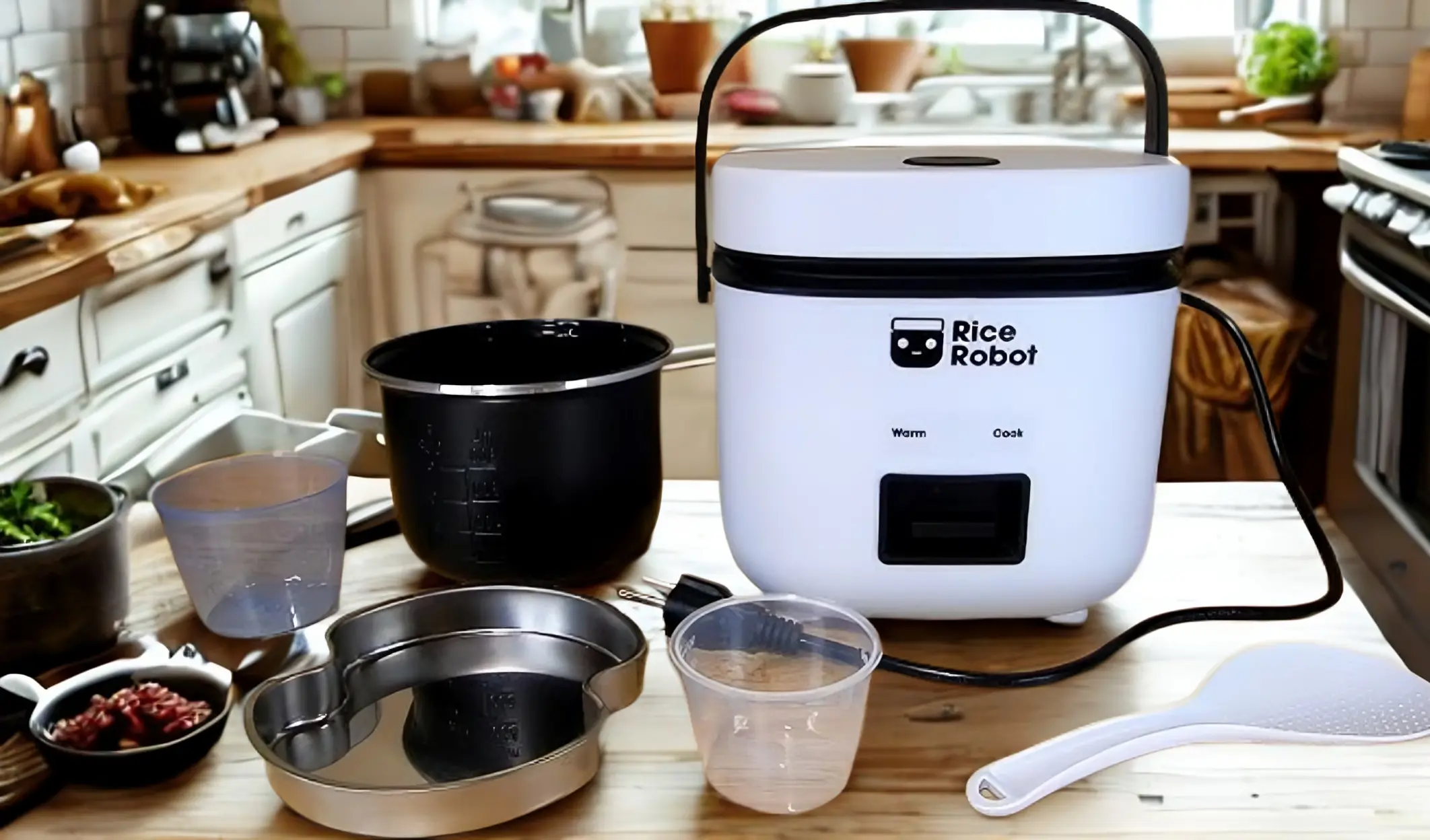 White Rice Robot rice cooker on a kitchen counter with measuring cups, a bowl, and utensils
