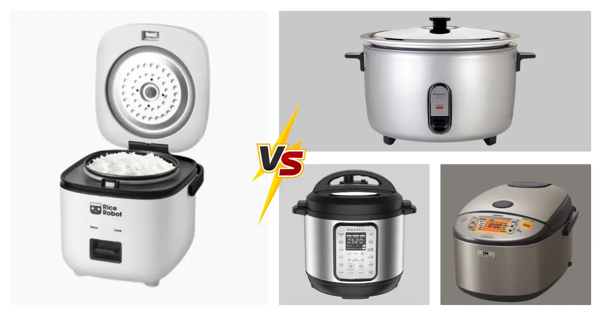 The image shows a comparison between different rice cookers: a Rice Robot, a standard rice cooker, an Instant Pot, and a high-end rice cooker