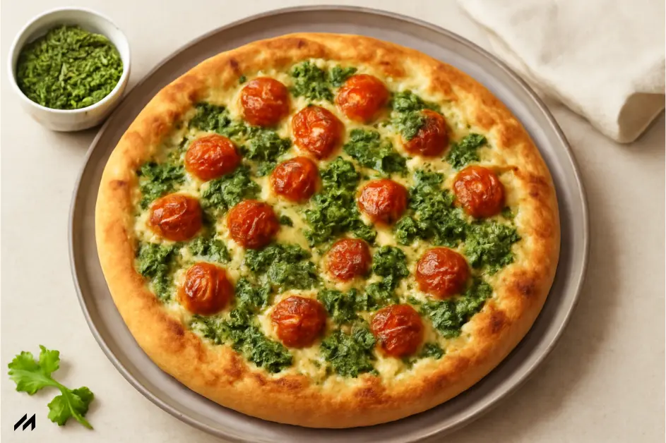 A delicious Sweet Tomatoes Chimichurri Pizza served on a plate. The pizza is topped with roasted cherry tomatoes and a vibrant green chimichurri sauce. Next to the pizza is a small bowl of fresh cilantro leaves, adding a burst of color to the scene. 