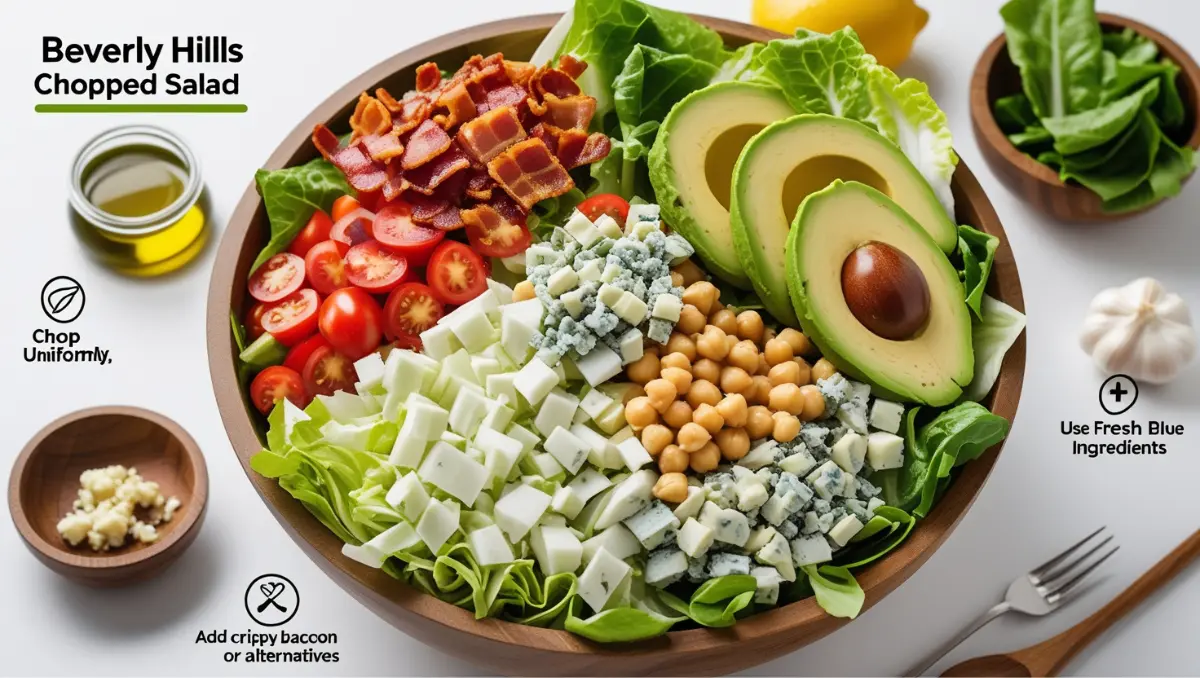 Tips for Perfecting Wolfgang’s Beverly Hills Chopped Salad A vibrant Beverly Hills chopped salad, featuring bacon, avocado, tomatoes, lettuce, chickpeas, and blue cheese, in a wooden bowl.