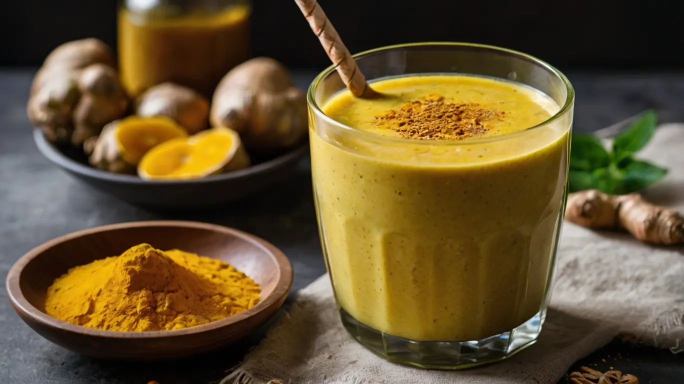 A glass of creamy turmeric smoothie topped with spice, surrounded by fresh turmeric, halved lemons, and a bowl of turmeric powder.