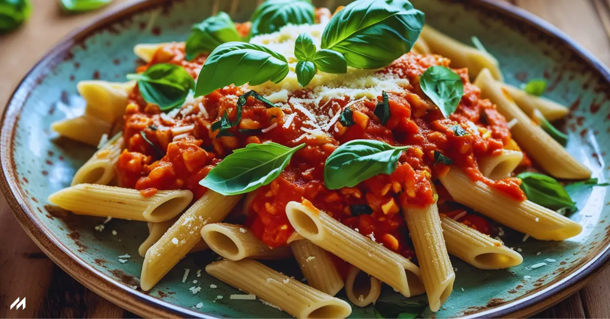 Vegan Whole Wheat Pasta A plate of penne pasta topped with rich tomato sauce, fresh basil leaves, and grated cheese, presented on a rustic dish.